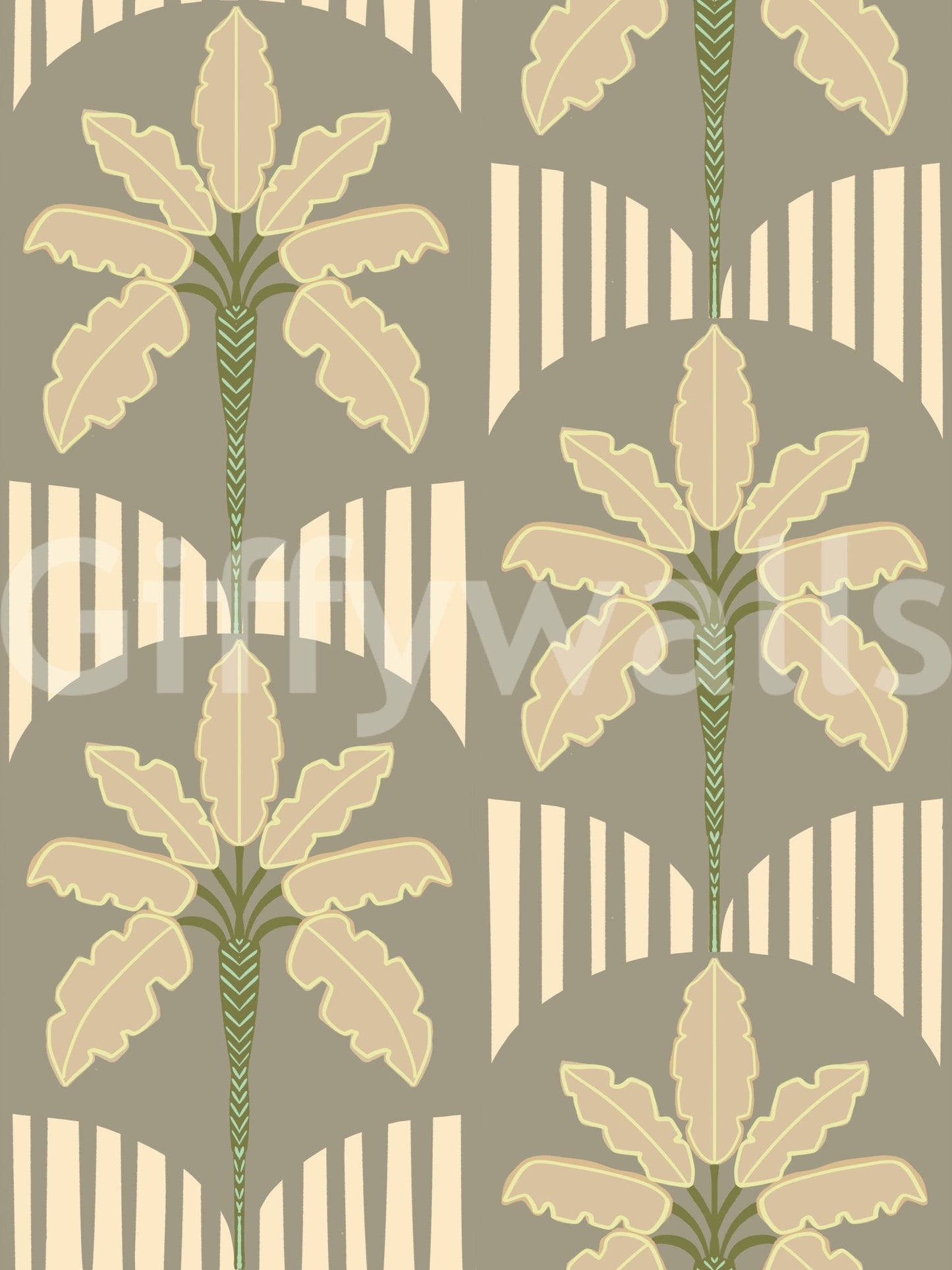 Olive beige wallpaper with gold palm motifs and stripe arches