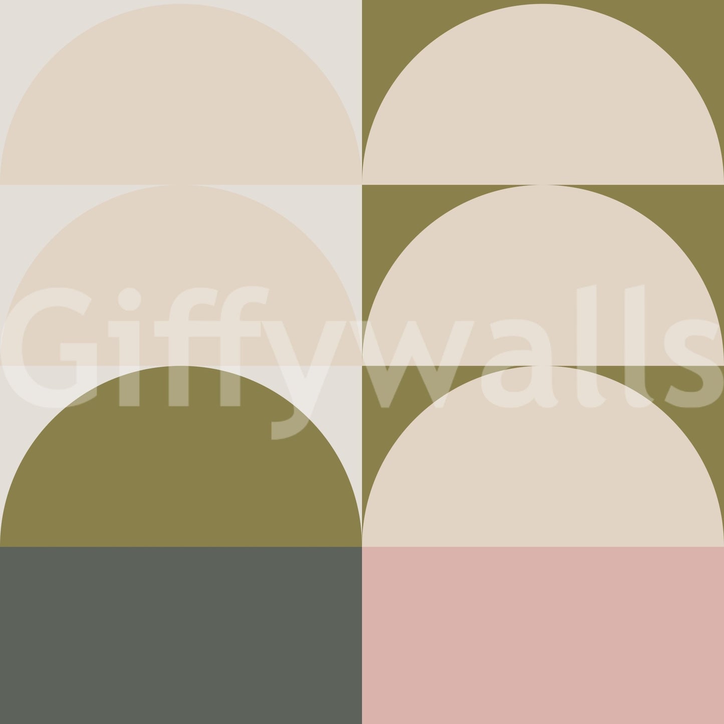 Retro Sunrise Panorama wallpaper mural close-up showing half-circle sun shapes in cream, olive, gray and dusty pink