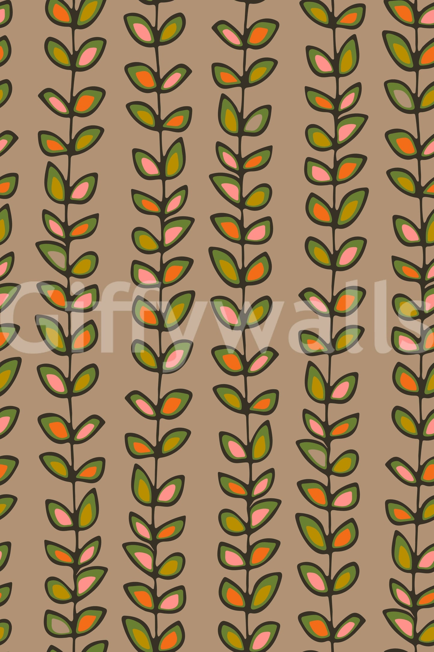 Warm beige wallpaper decorated with playful retro leaves arranged in tidy upward vine patterns.