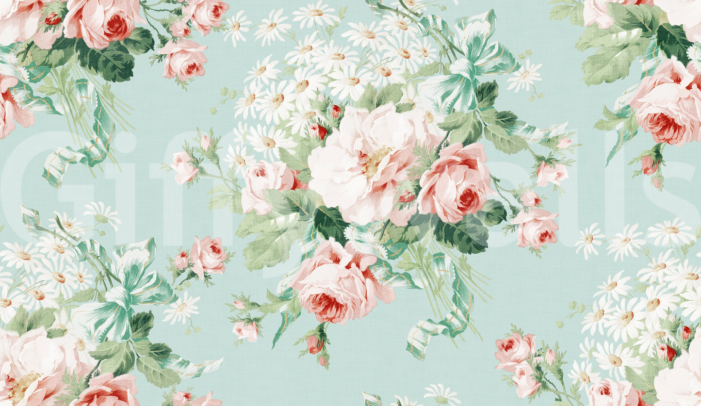 Botanical mural with romantic florals in a soft pastel palette.