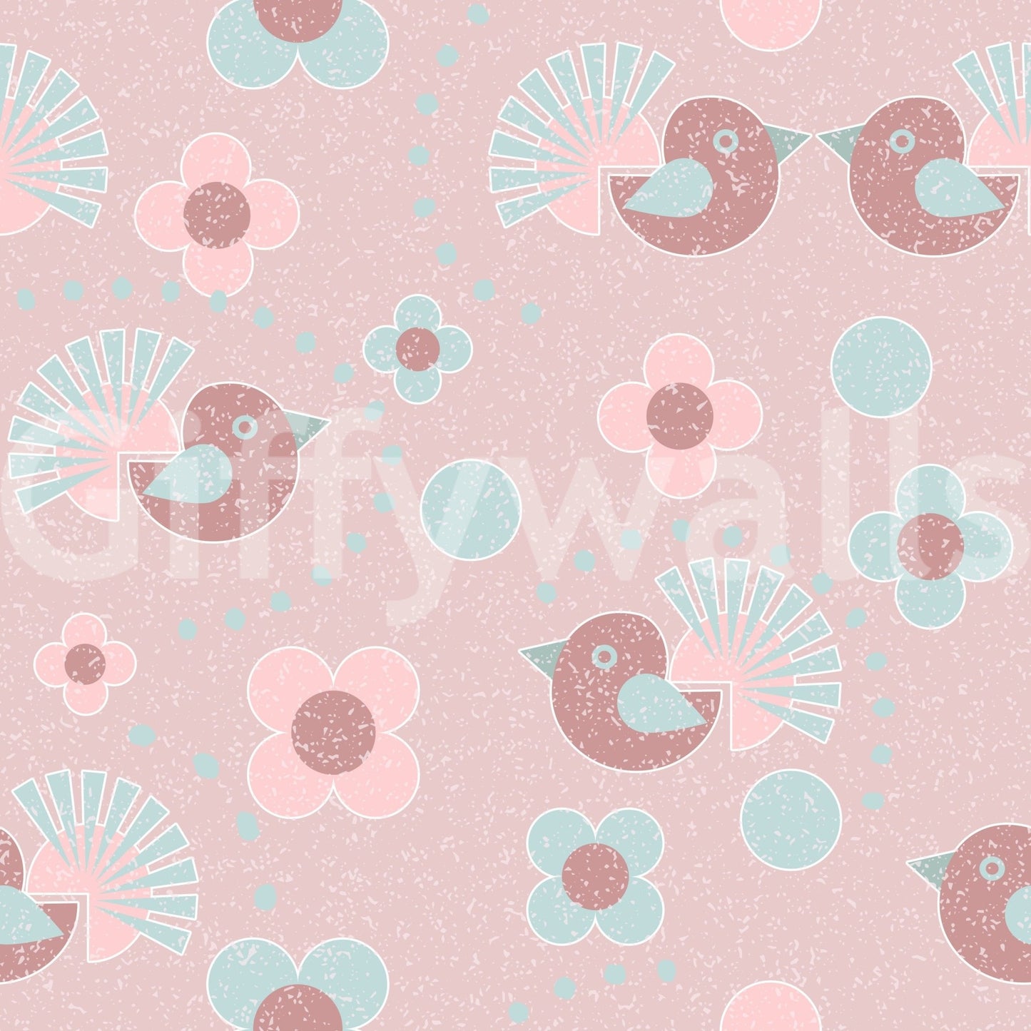 Rosebird Delight wallpaper close-up showing the pattern detail of mauve birds and pink flowers on a blush-pink background