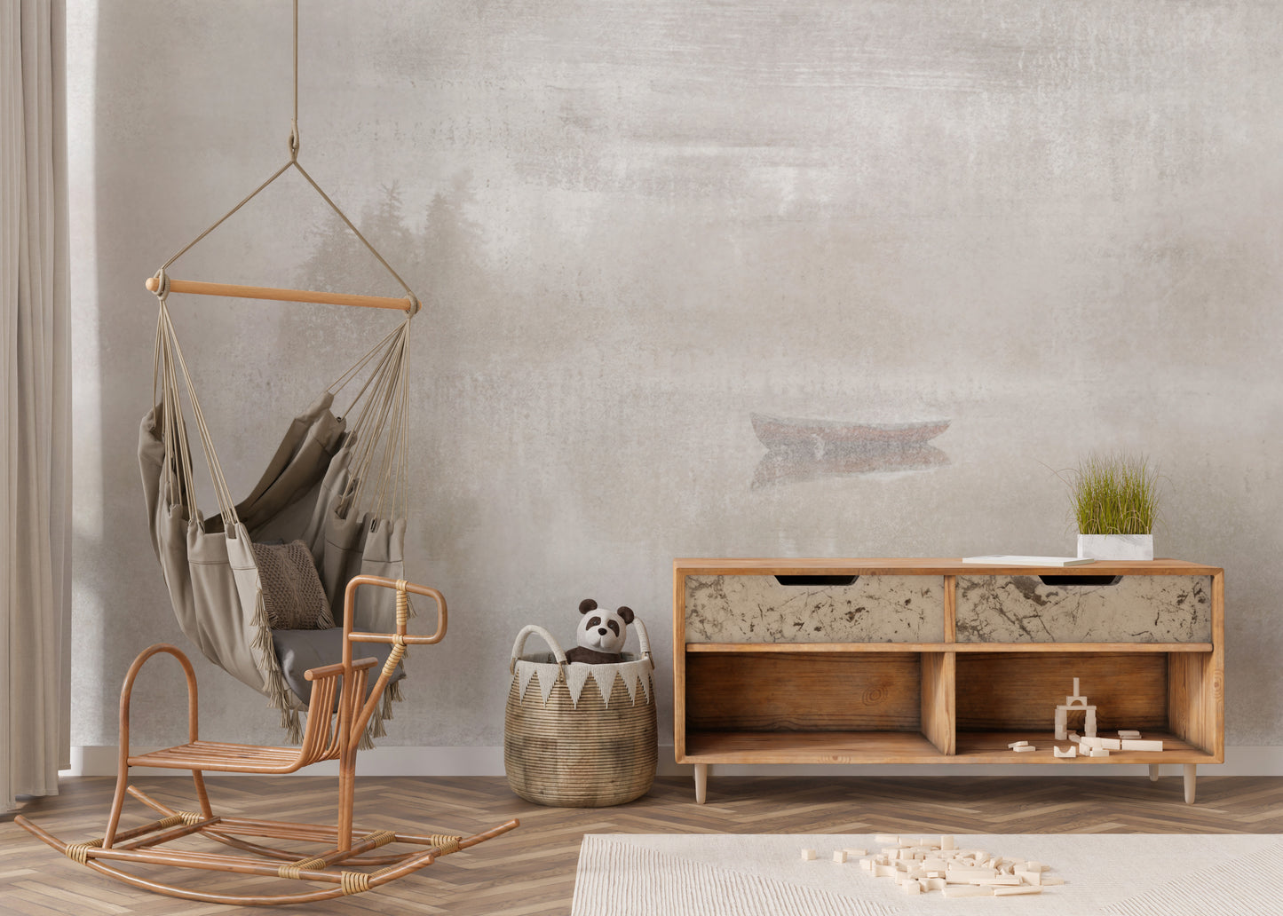 Rustic beige peel-and-stick wallpaper for hassle-free decor.