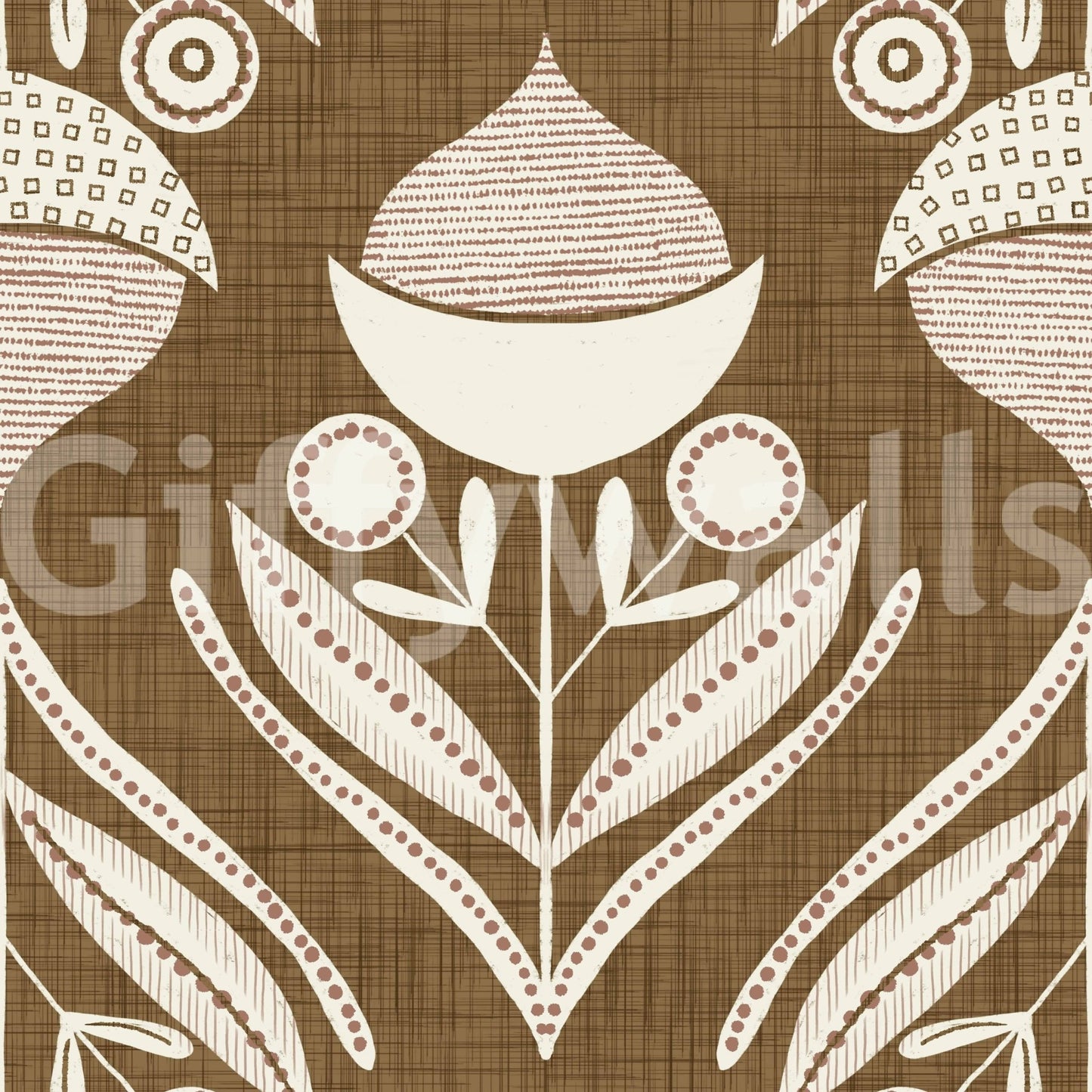 Folk-inspired wallpaper featuring whimsical floral icons in a tidy repeating grid.