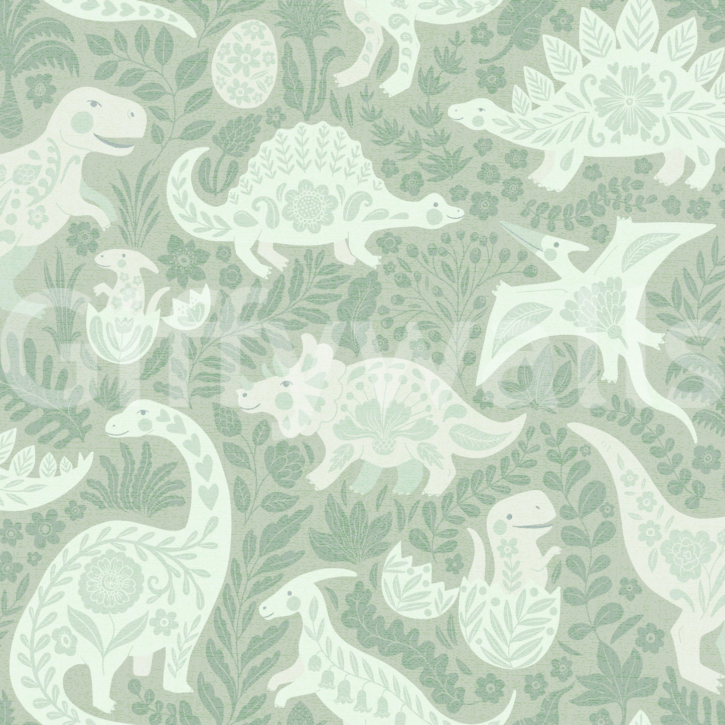 Sage Green Dinosaurs Folk Art Wallpaper
