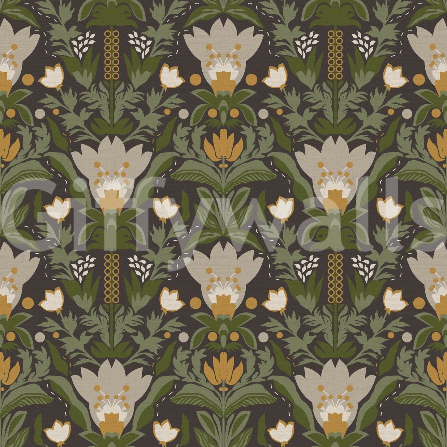 Botanical meadow wallpaper with repeating folk floral detail