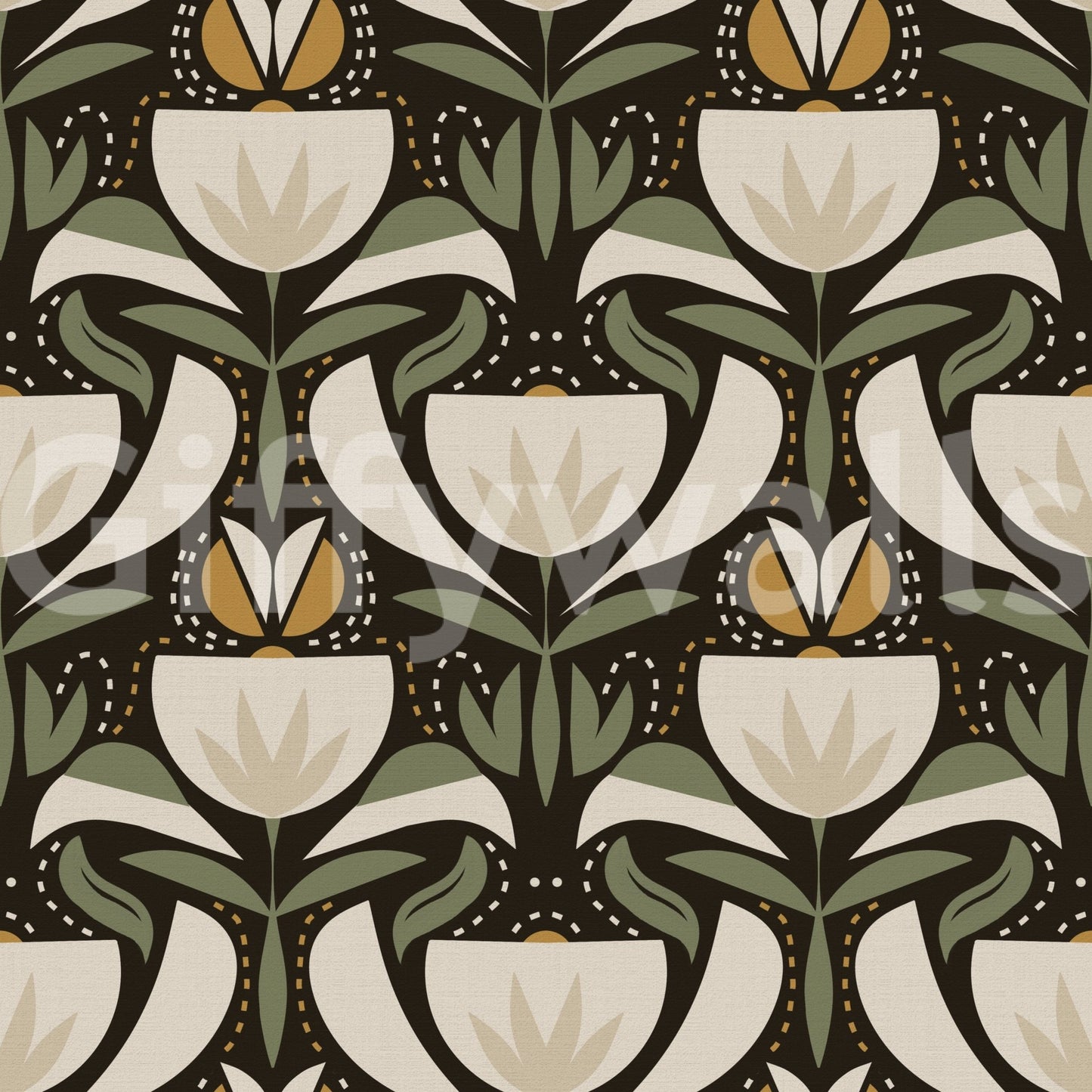 Scandinavian Folk Art Floral Garden – Earthy Botanical Pattern with Sage Green Leaves, Cream Flowers and Mustard Gold Accents – Symmetrical Vintage Nature Design Wallpaper