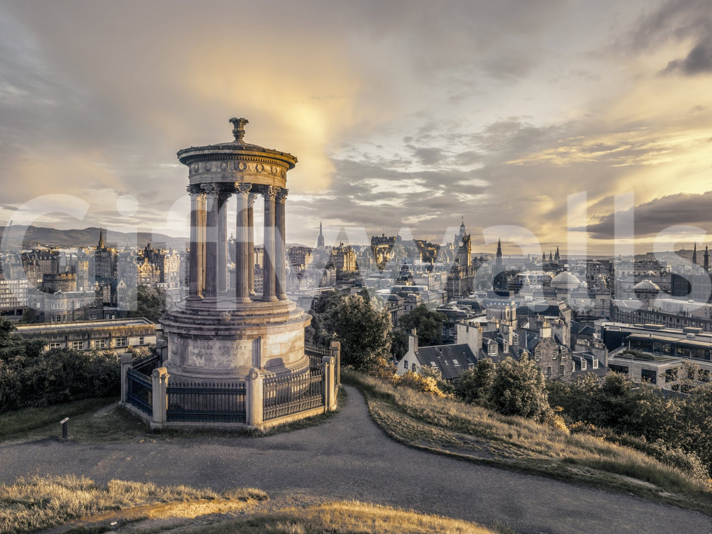 Scottish Skyline wallpaper mural full-wall view of the columned Dugald Stewart Monument over Edinburgh at sunset
