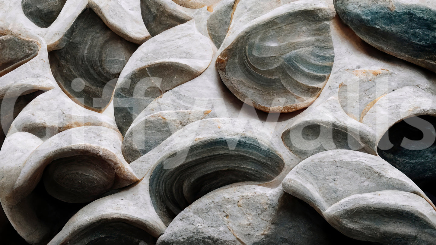 Sculpted Stone wallpaper mural close-up showing carved grey and beige stone petals with a textured 3D relief pattern