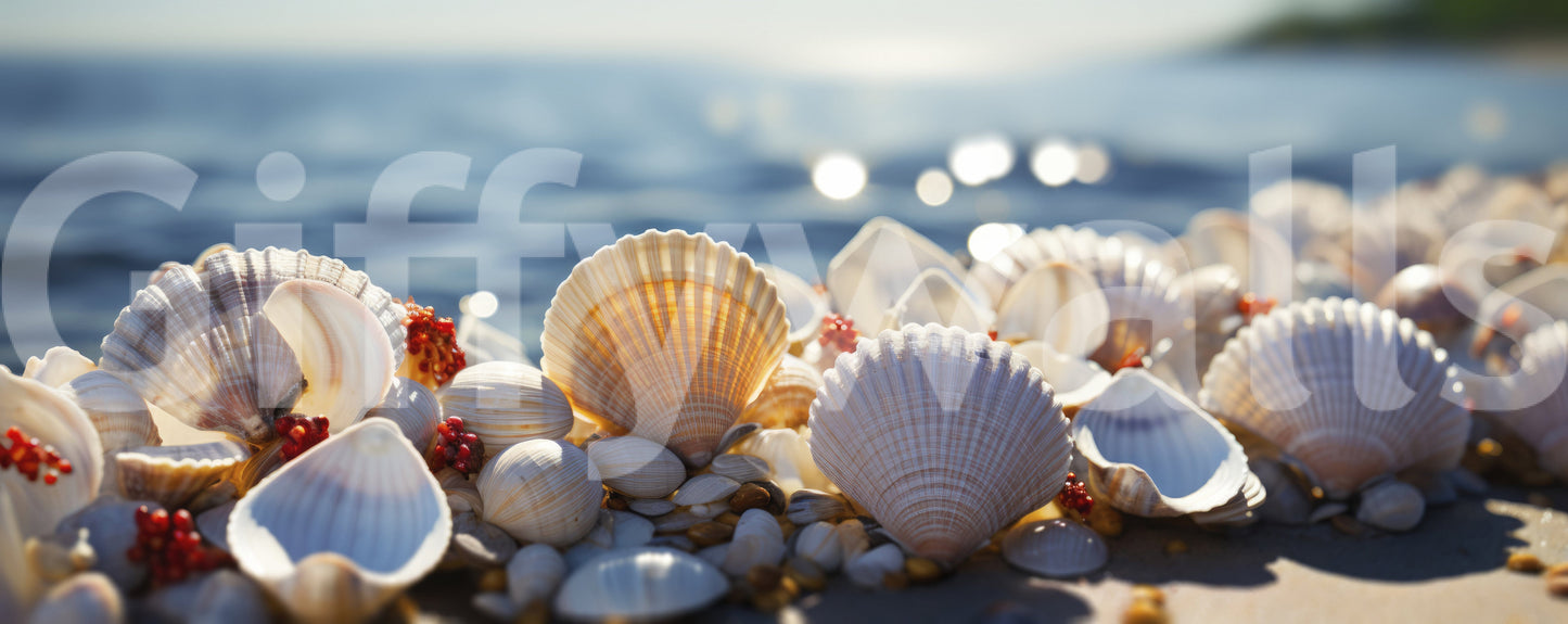 Seashell Serenity wallpaper mural close-up of white scallop shells with red coral on sand beside a sunlit blue ocean