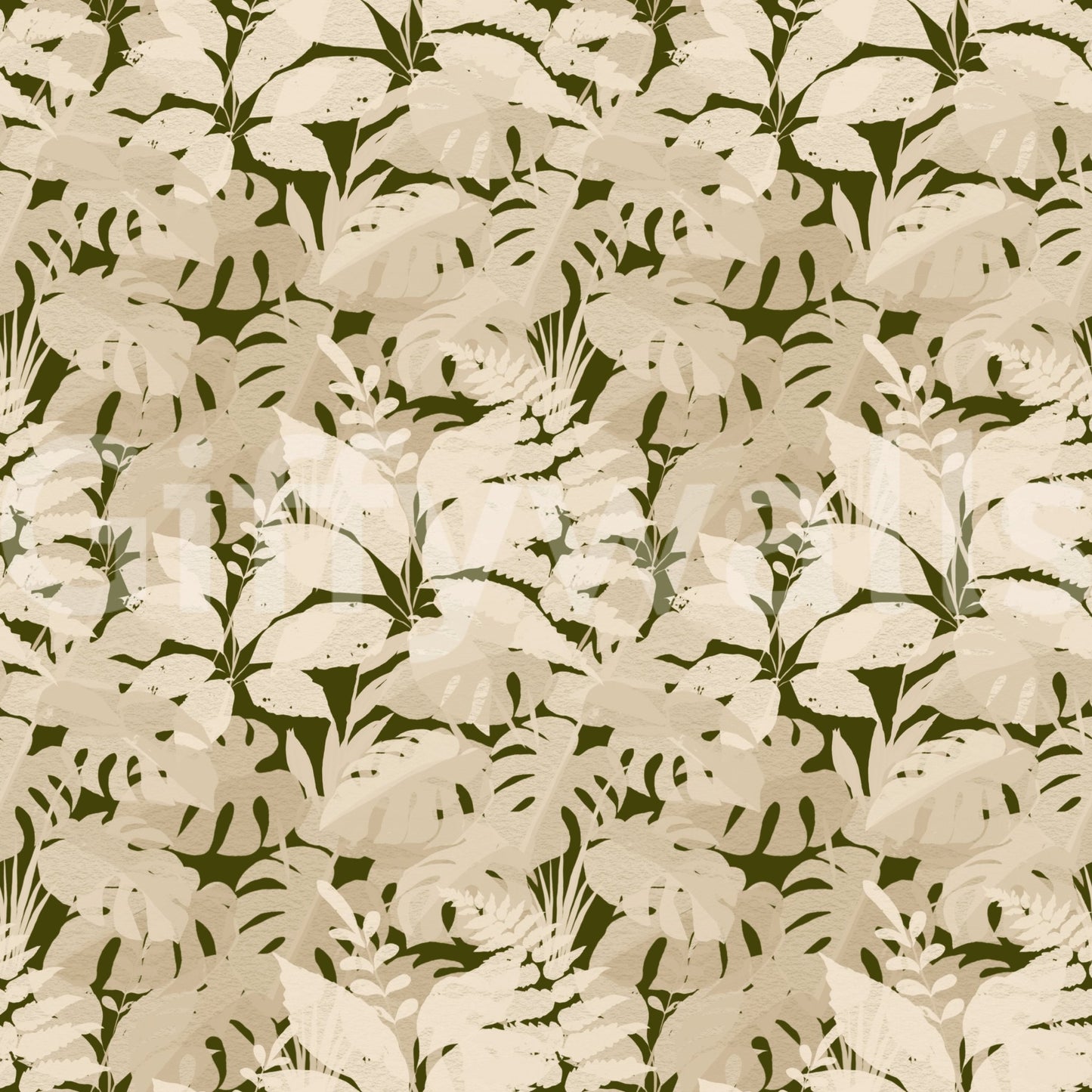 Rustic botanical wallpaper with layered monstera leaf pattern