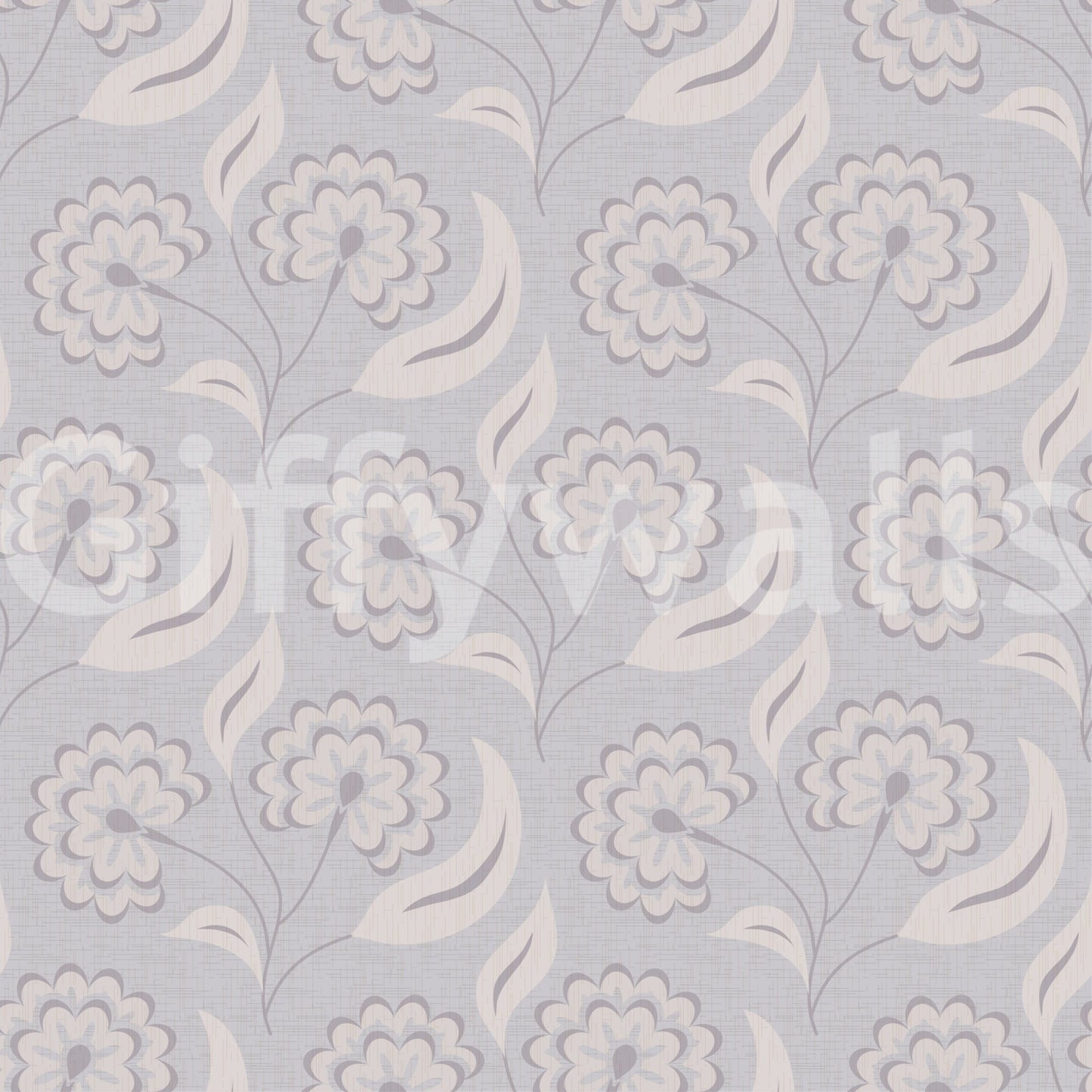 Serene Floral beige wallpaper close-up showing the grey-lilac daisy and cream leaf pattern detail