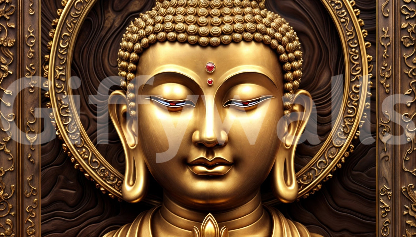 Serene Gold Buddha wallpaper mural shown as a full-wall golden Buddha face with a red gem and ornate gold halo