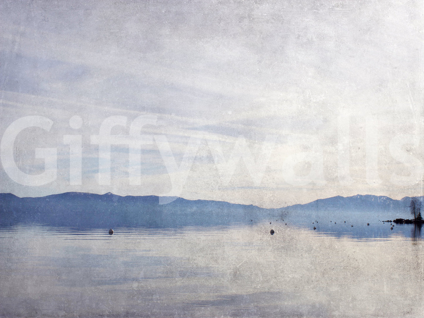 Serene Lake Vista wallpaper mural close-up showing the misty blue mountains and still lake water pattern detail
