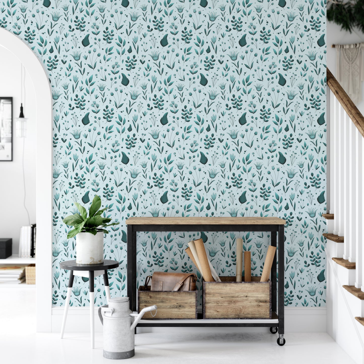 Serene Teal Garden wallpaper in an entryway with a black console cart, potted plant and staircase