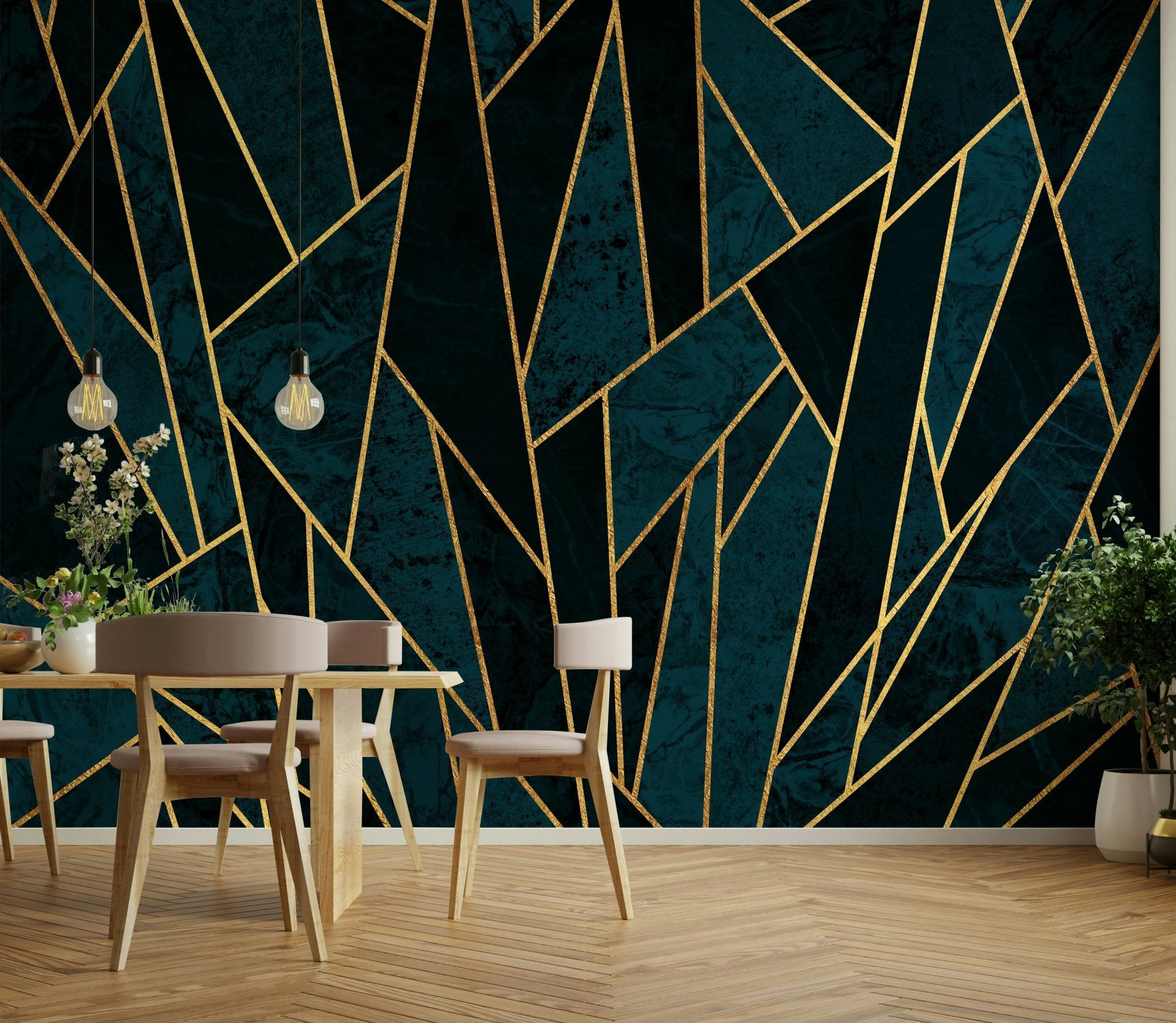 Deep Blue & Gold Geometric Wallpaper | Art Deco Mural
