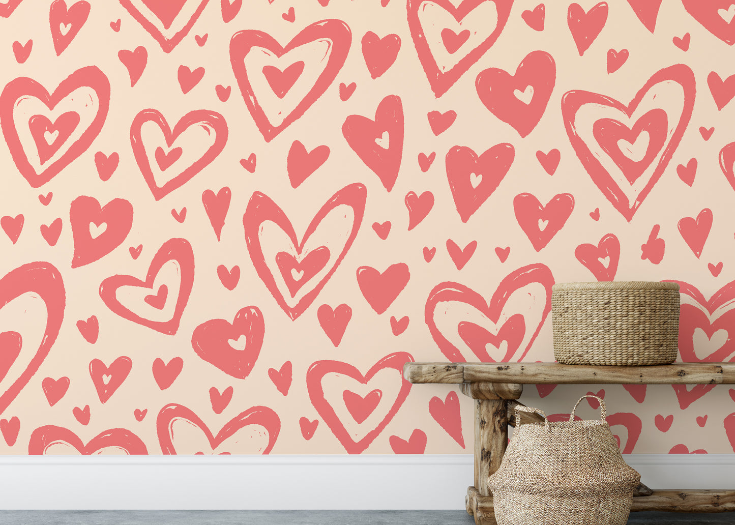 Trendy pink hearts wallpaper for chic and modern wall decor.