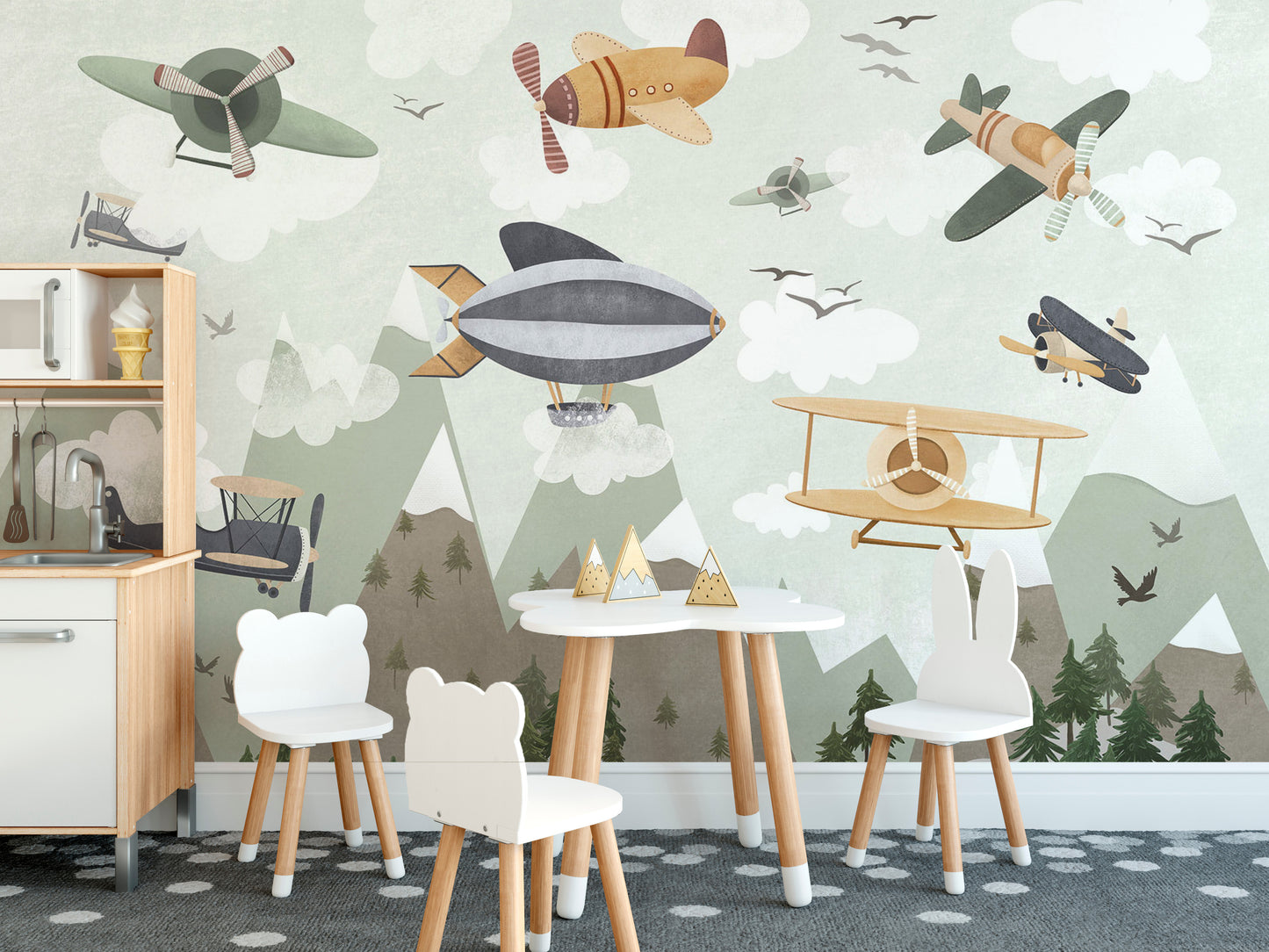 Whimsical mural with planes and zeppelins