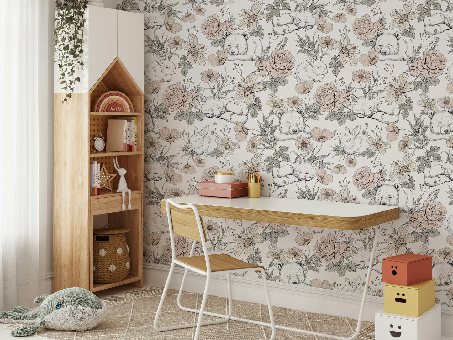 Sleeping Woodland wallpaper mural in a kids room with a white desk and house-shaped bookshelf