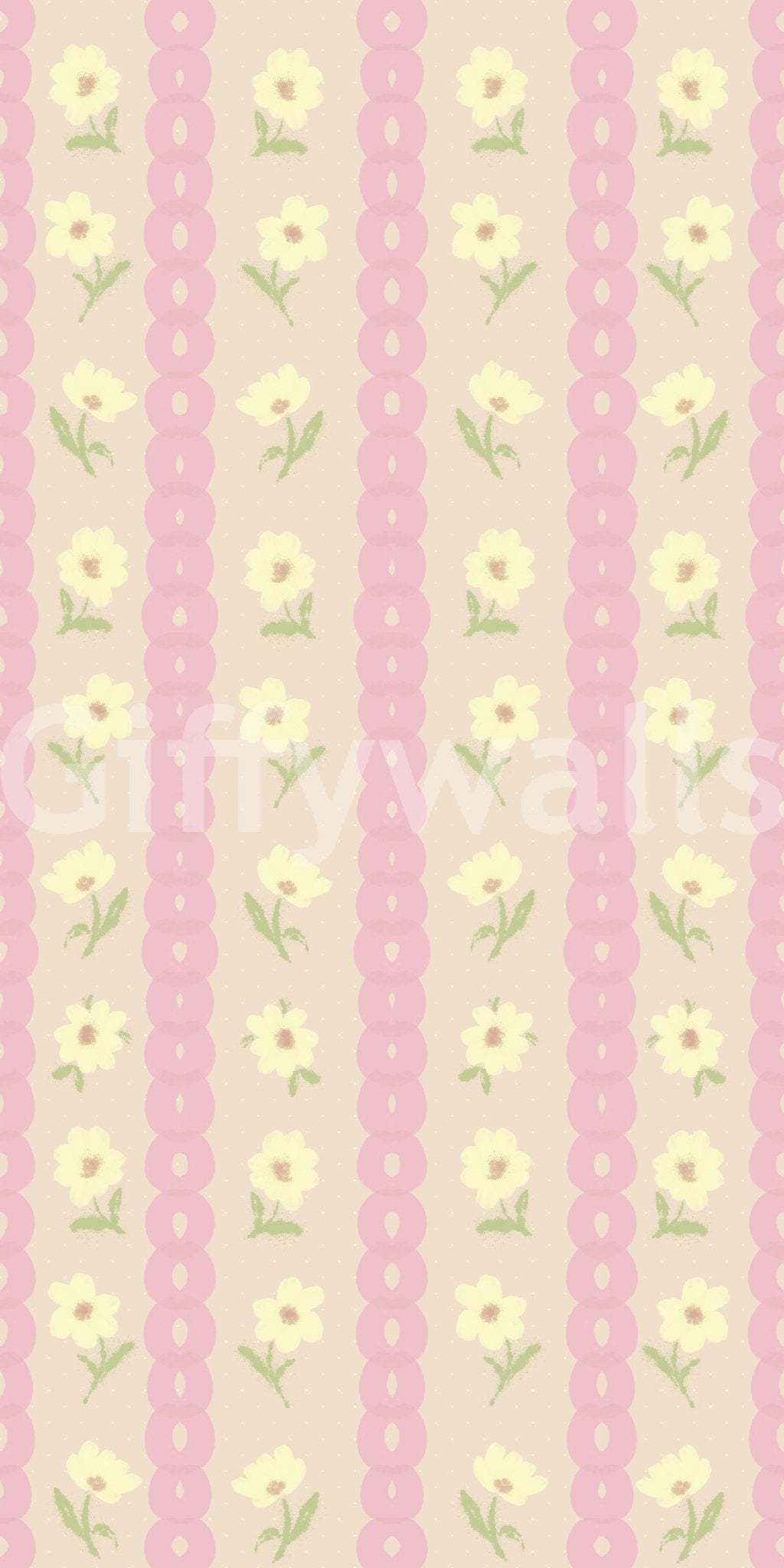 Soft Bloom Stripes wallpaper close-up showing yellow daisies on pink and cream vertical stripes