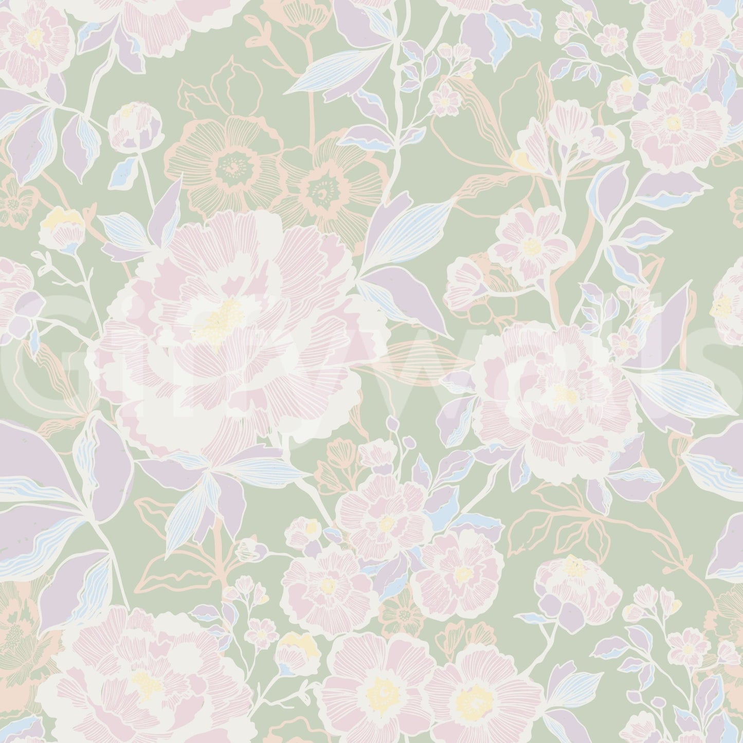 Soft Botanical whimsical flower wallpaper for walls bright interiors.