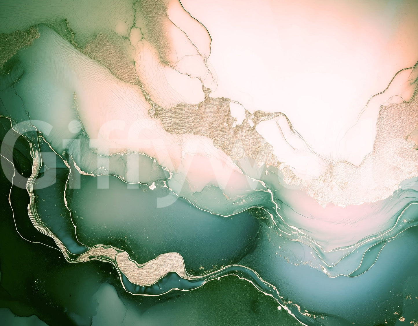 Soft Mineral Hues Sage-Rose wallpaper mural close-up showing the sage green, blush and cream ink pattern with gold veining