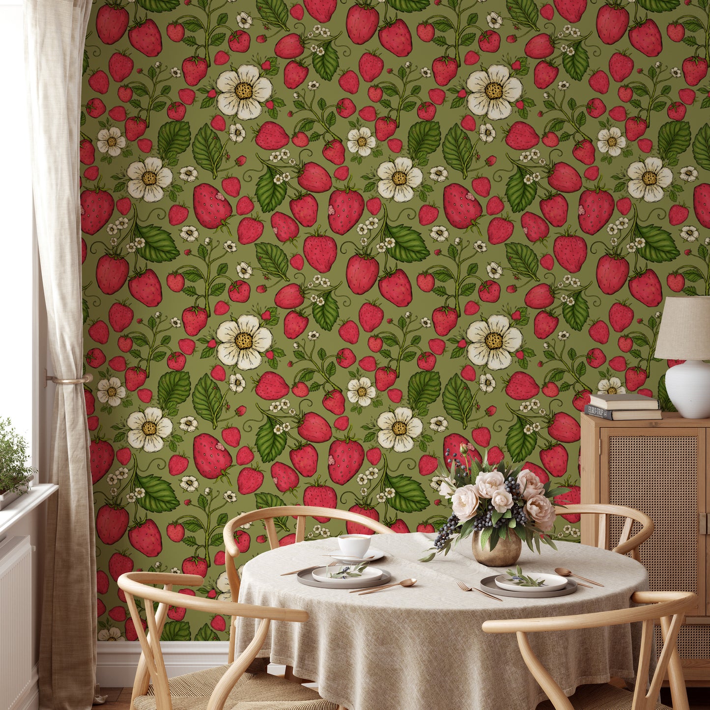 Fun strawberry-themed wallpaper with green background.