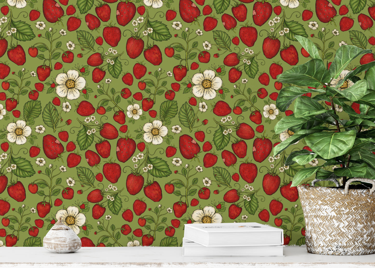 Summer-inspired strawberry wallpaper with vibrant green tones.