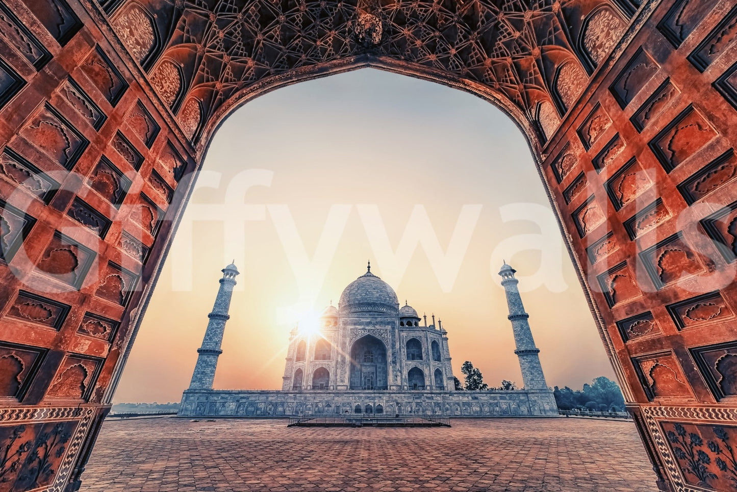 Mughal building Taj Mahal Sunset wall mural dome towers.