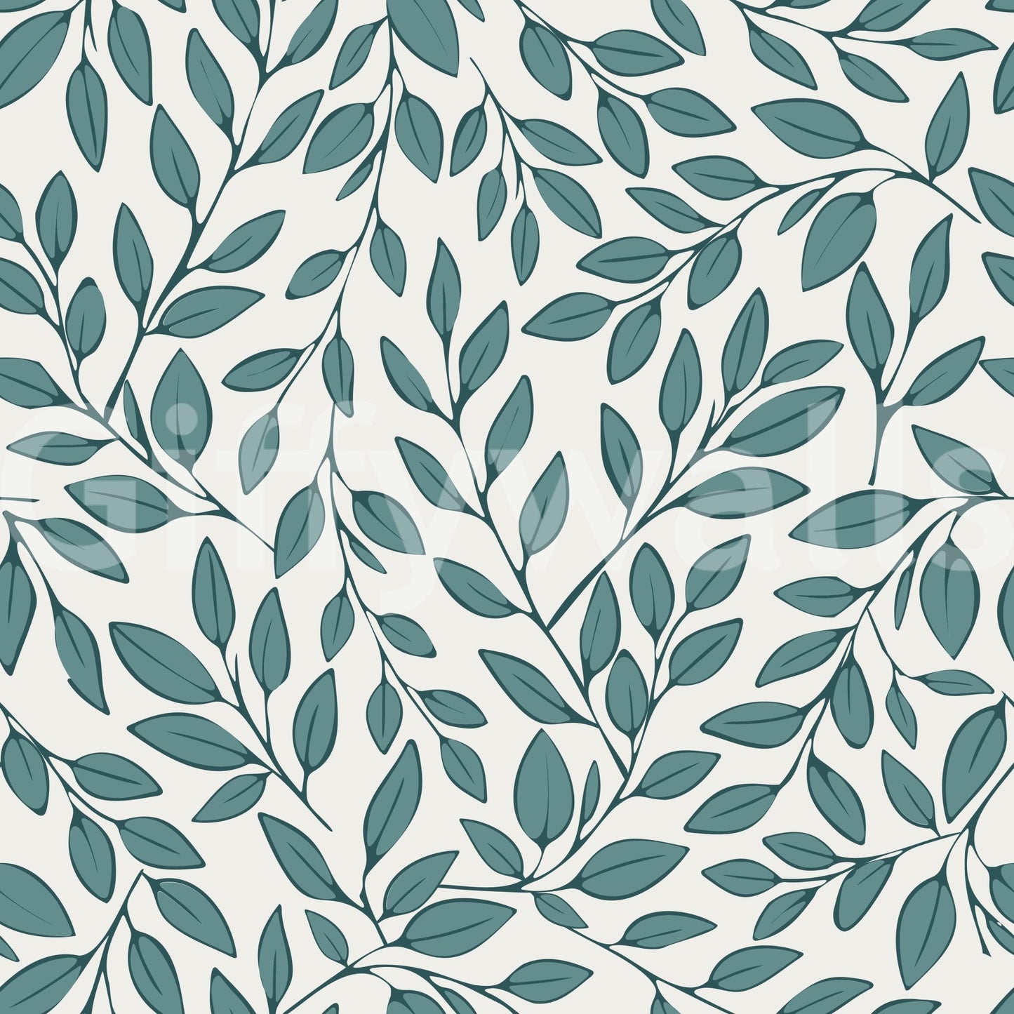 Teal Vines wallpaper close-up showing teal leaves and slender vines on a soft cream ground
