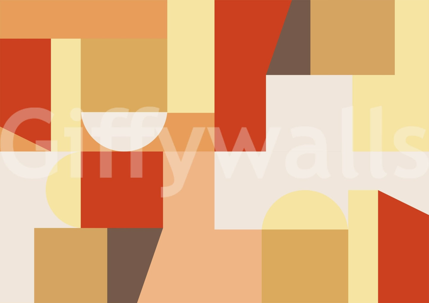 The Coming of Coziness wallpaper mural close-up showing warm geometric blocks and half-circles in rust, mustard and peach
