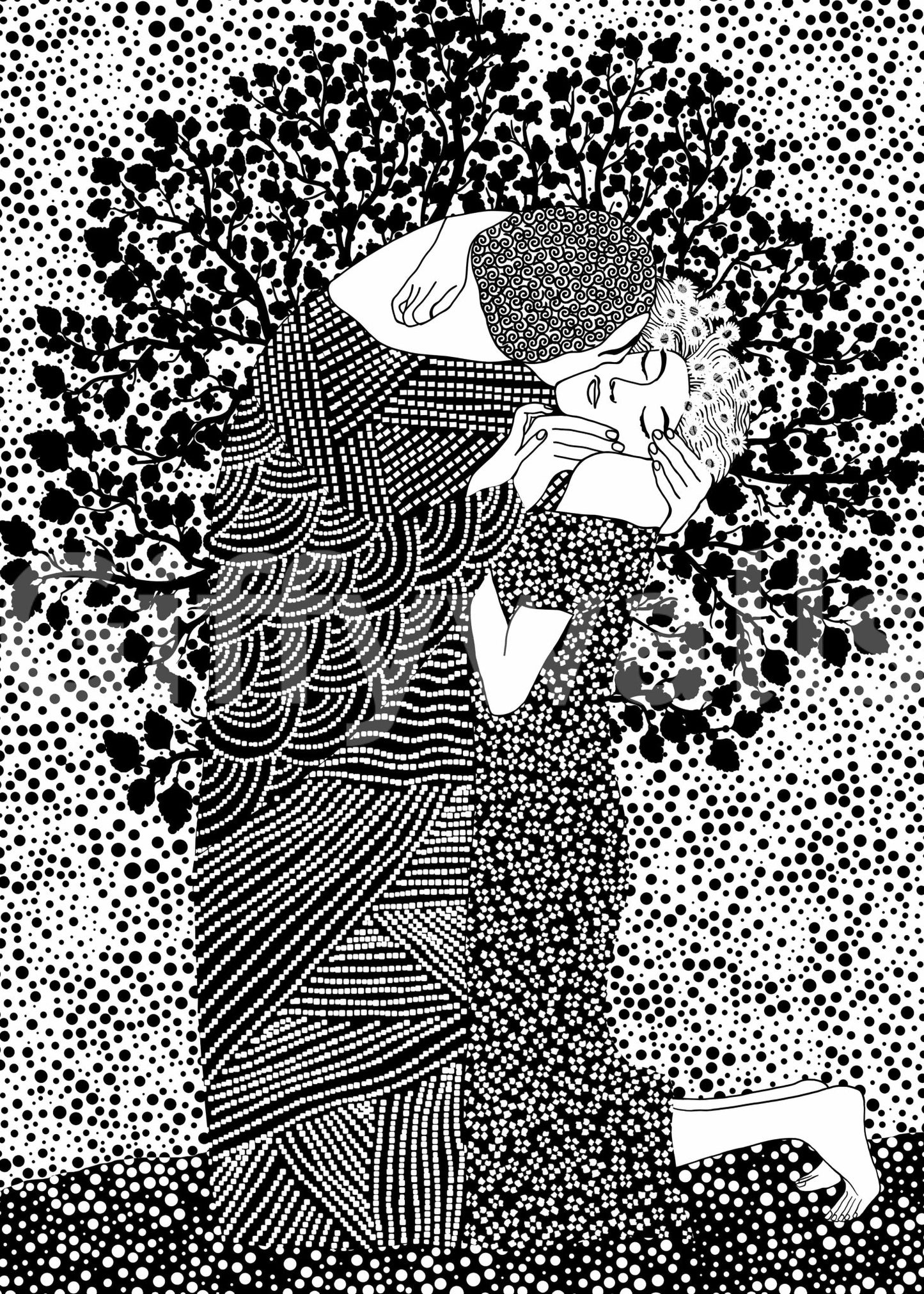 The Kiss II wallpaper mural showing the full black and white artwork of an embracing couple in dotted line art