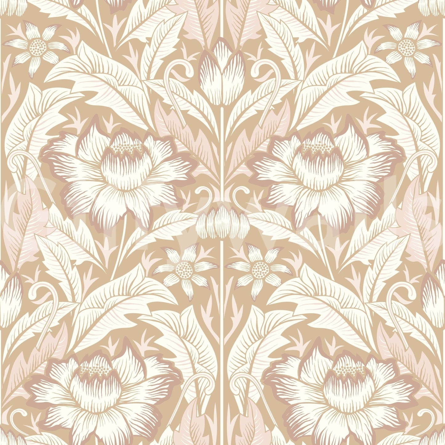 Timeless Garden Sand Beige wallpaper close-up showing the cream and blush damask floral pattern detail on a sand ground