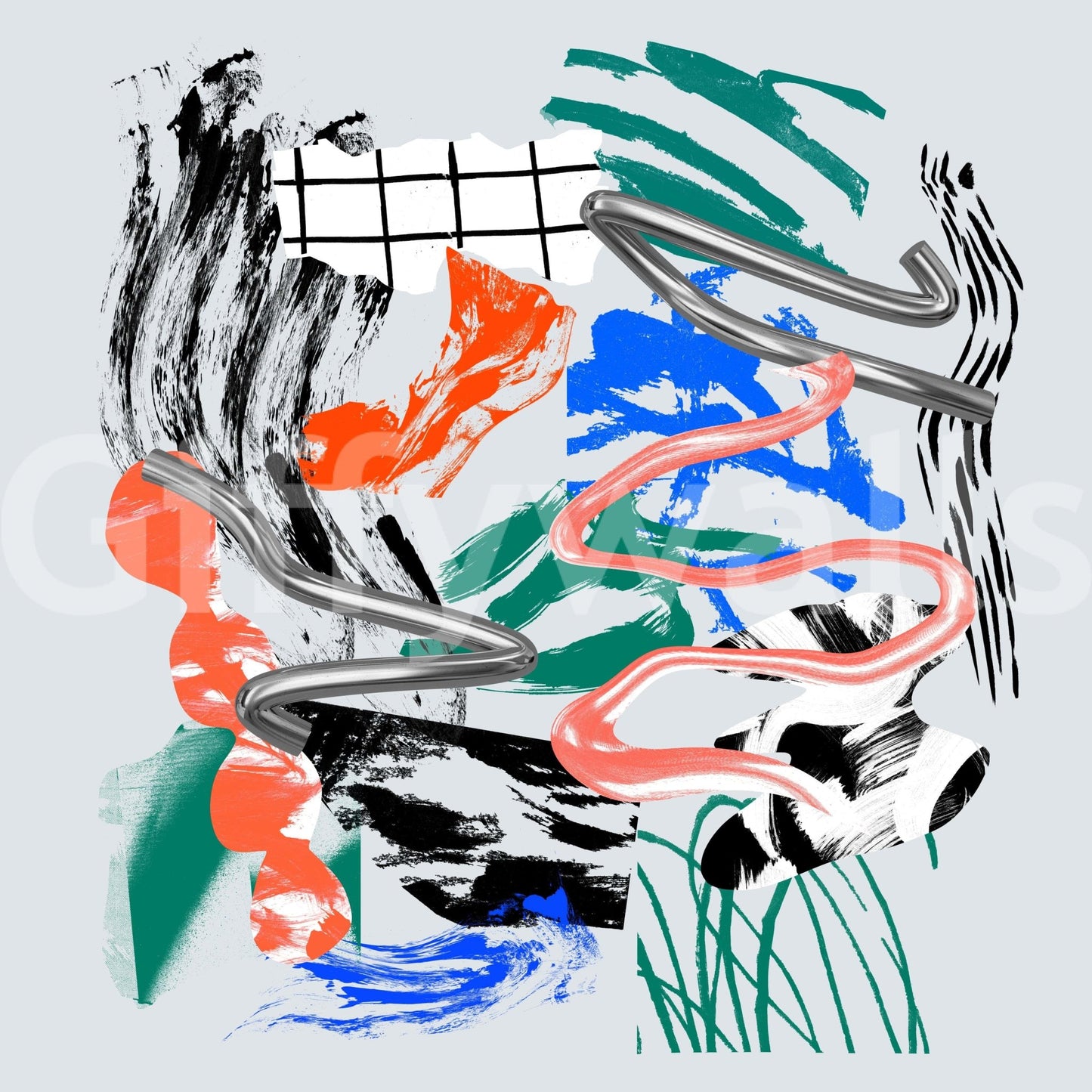 Tornado wall mural shown as a full-wall design of chrome swirls and pink ribbon over black, orange and blue strokes