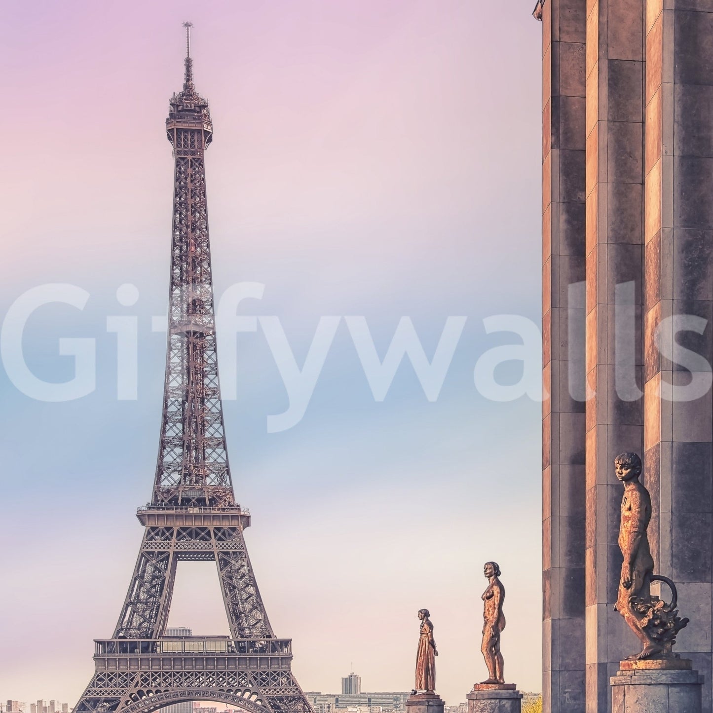Tour Eiffel Sunset wallpaper mural close-up of the tower and golden Trocadero statues against a pastel sky