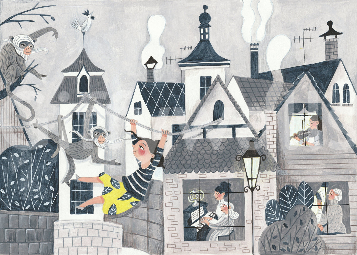 Town Swing Adventure wallpaper mural of a gray town and monkeys beside a bed with purple unicorn bedding and cloud pillows