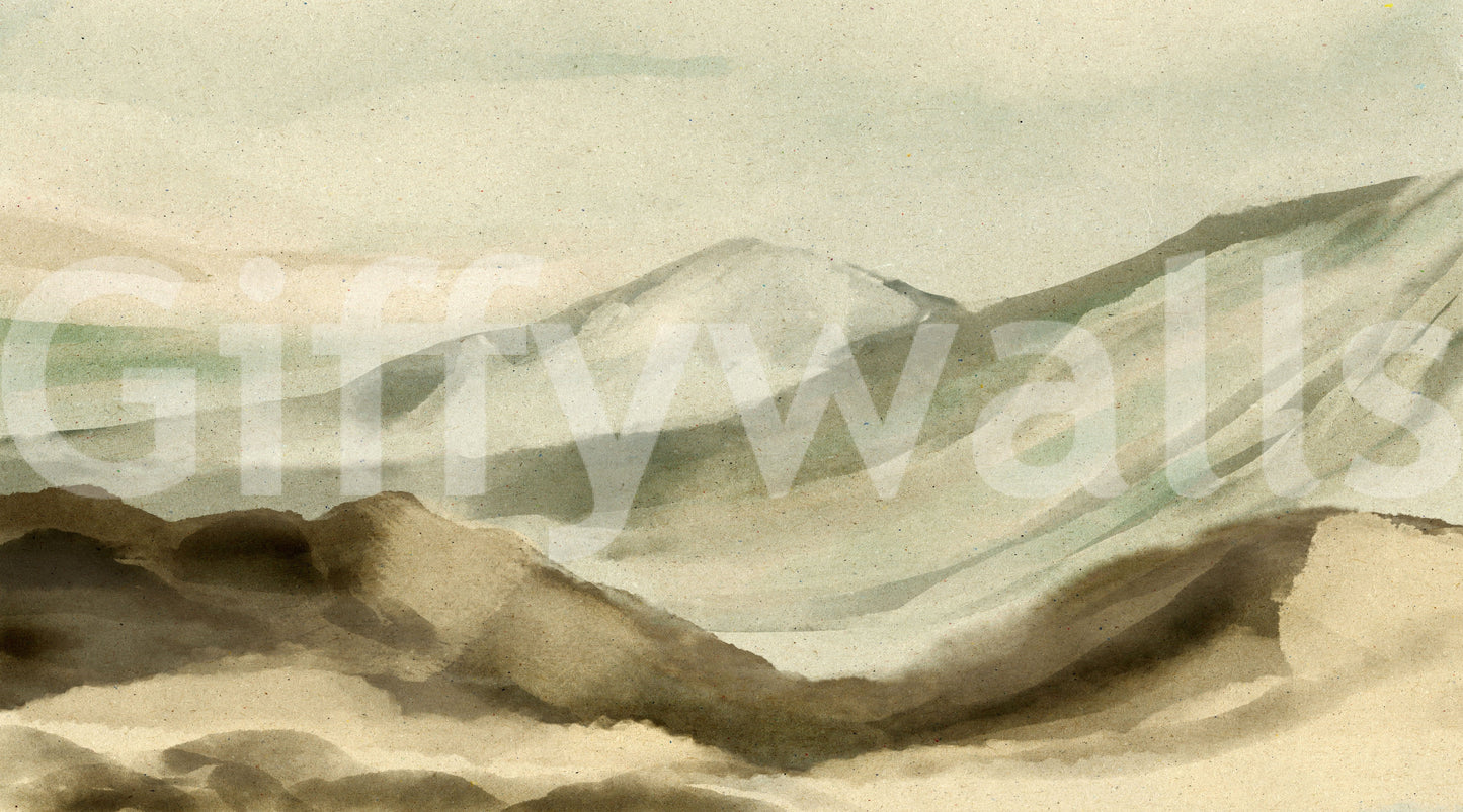 Watercolor Mountainscape wallpaper mural close-up showing sage green and tan watercolor hills pattern detail