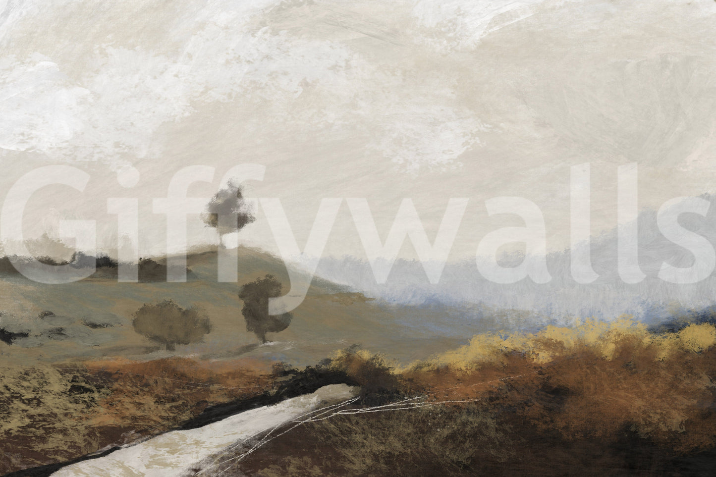 Painted Vista wallpaper mural close-up showing a lone tree, rolling fields and a hazy painted sky