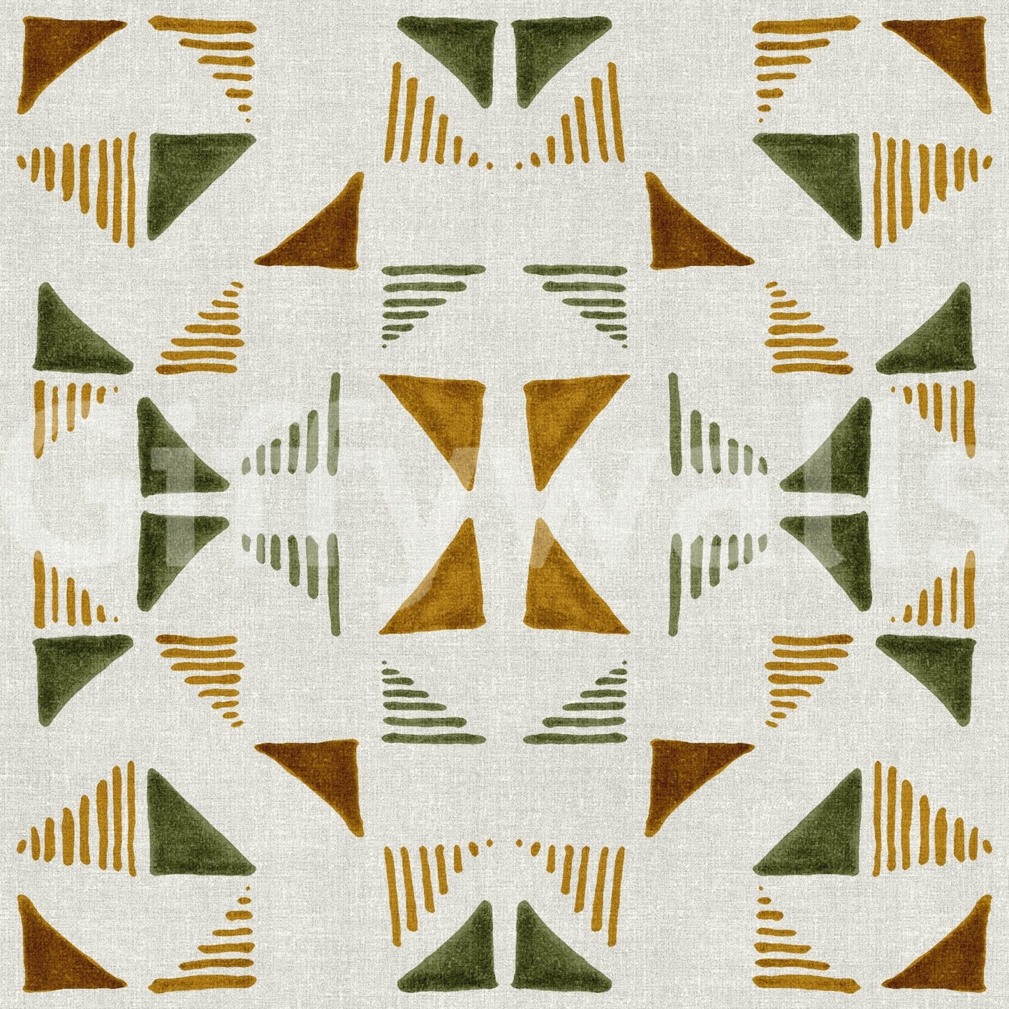Triangles Composition Foliage wallpaper close-up of green, mustard, and rust triangles on textured off-white linen