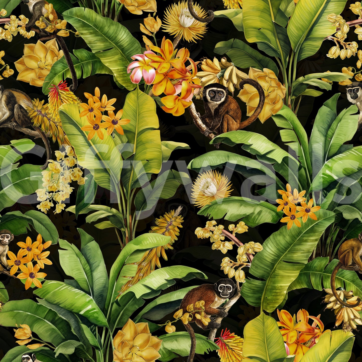 Bright, colorful mural with monkeys and tropical foliage for lively interiors.