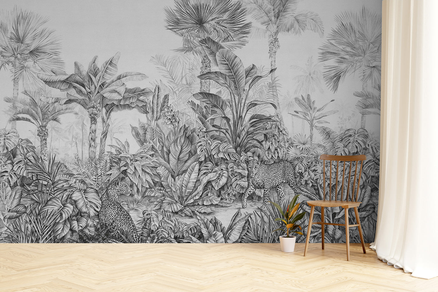 Leopard rainforest wall murals in grey theme