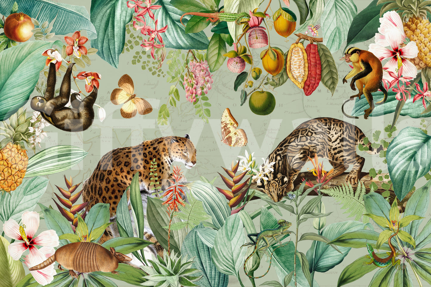 Exotic tropical mural featuring vintage elements and foliage