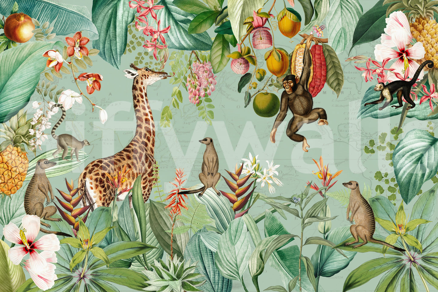 Vintage tropical mural with a serene, nature-inspired design