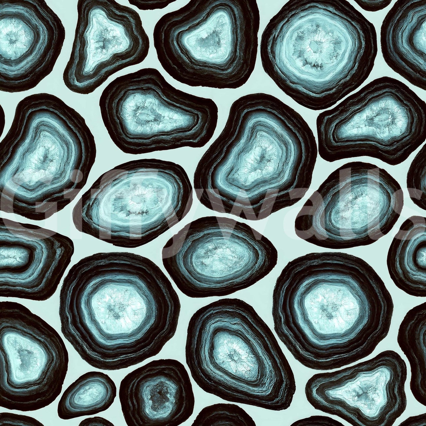 A bold mineral wallpaper with repeating turquoise geode clusters outlined in dark rings.