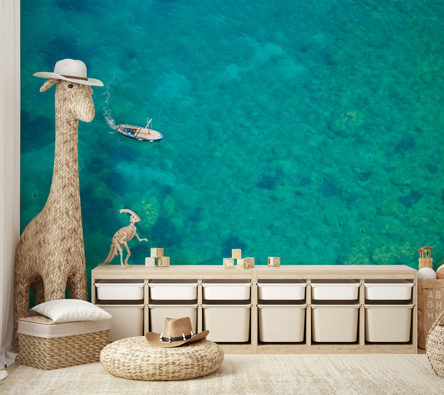 Tropical turquoise blue beach mural for rooms