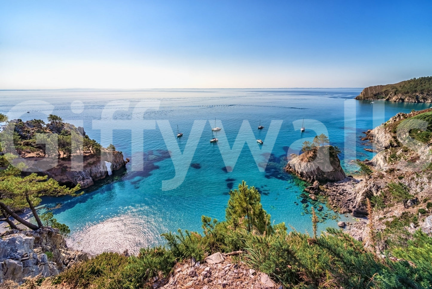 Turquoise Cove Escape wallpaper mural shown as a full-wall mural of a blue cove with sailboats and pines