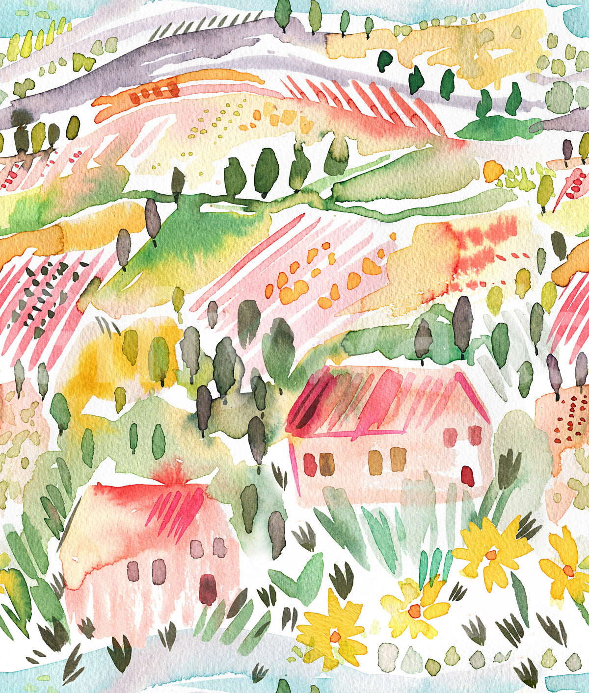 Landscape Tuscany Watercolor wallpaper shown as a full-wall mural of rolling hills with pink-roofed houses and cypress trees