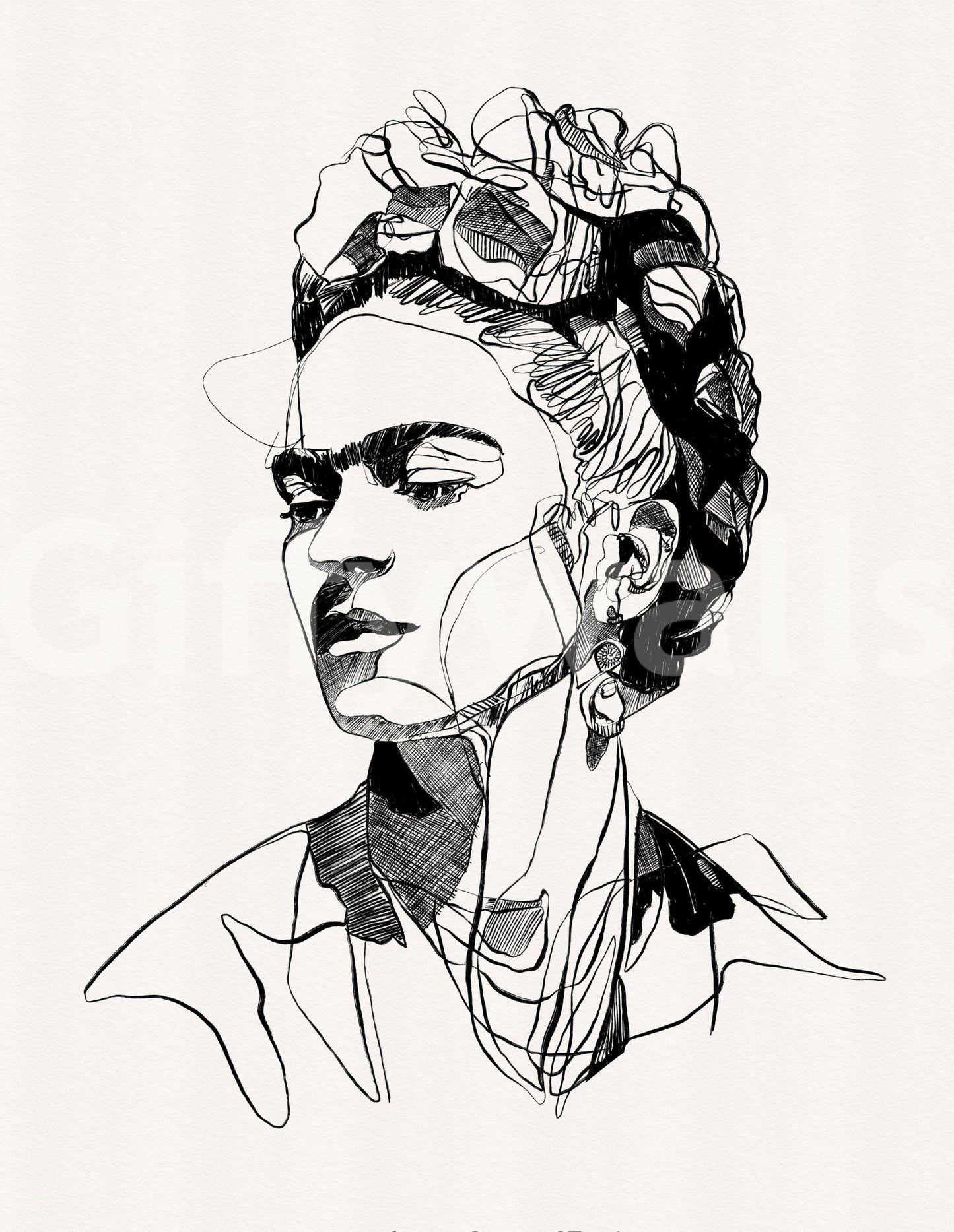 Unbroken wallpaper mural close-up showing the black continuous-line portrait of a woman with flowers in her hair