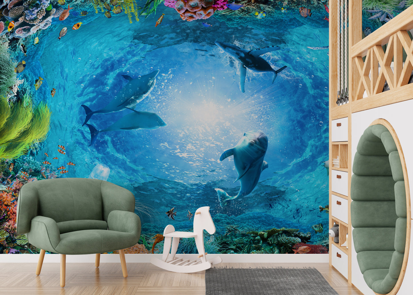 Blue ocean dolphin wall mural elegance