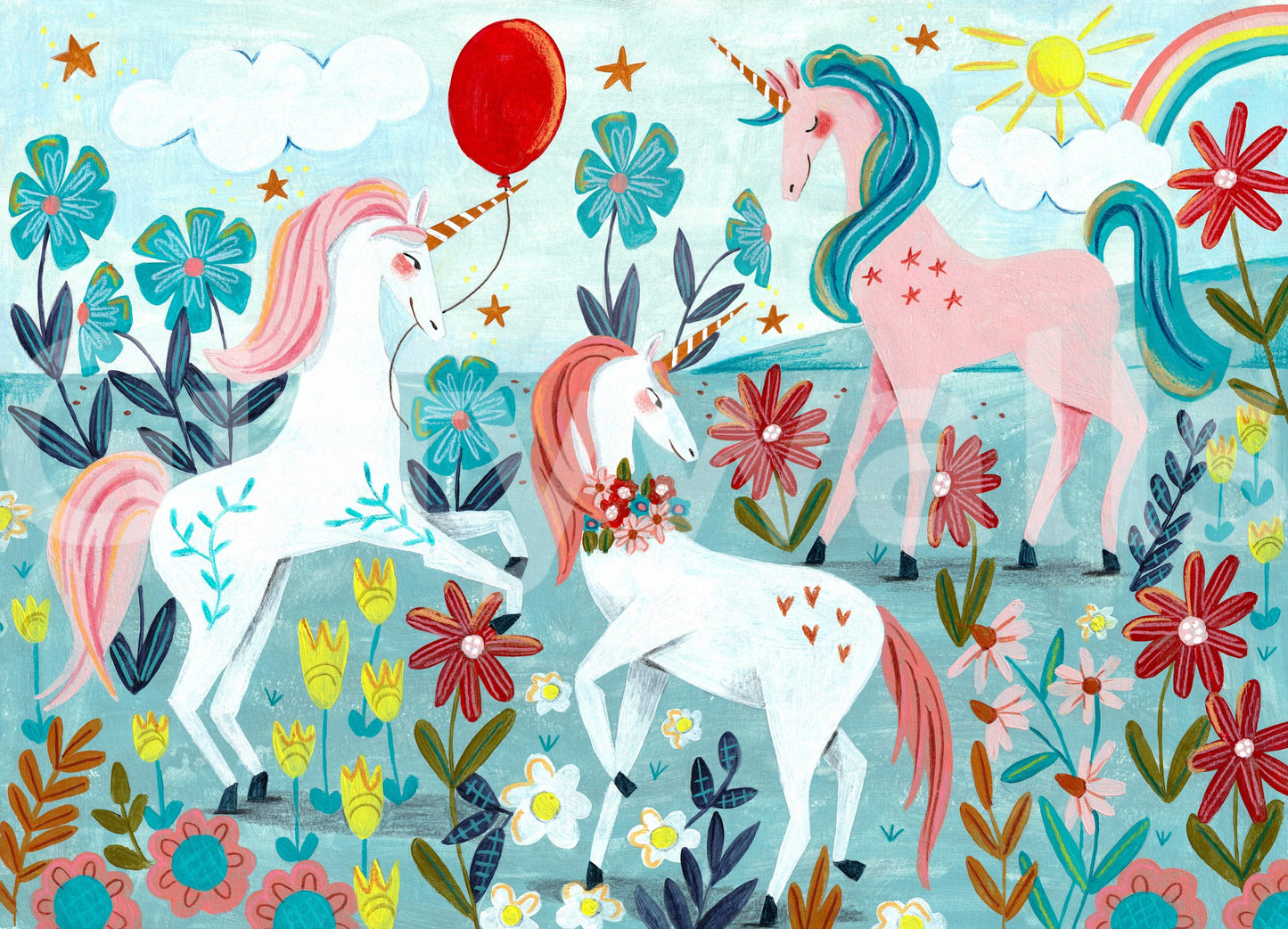 Floral Unicorn Magic wallpaper mural of unicorns and a red balloon behind a white sofa with star pillows and a lit niche