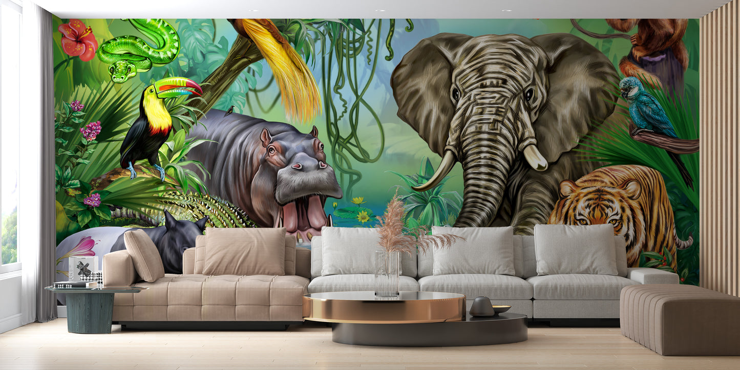 Cheerful kids’ wallpaper with forest wildlife scenes